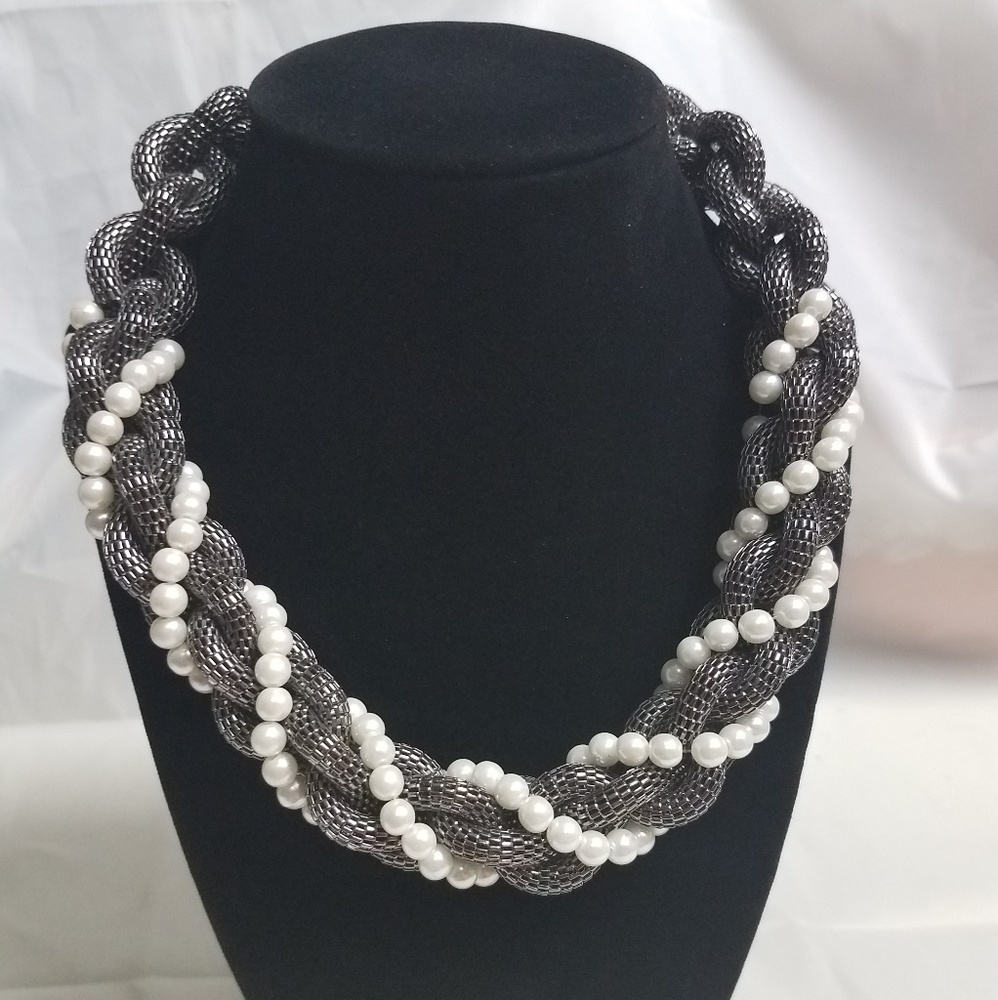 Chunky Metal and Faux Pearl Necklace